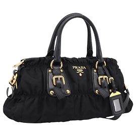 Sac à main froncé PRADA Nylon 2way Noir Or Auth BA16051A Noir Doré
