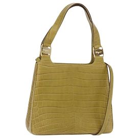 Bolso Salvatore Ferragamo de cuero grabado efecto coco 2way Verde Oro Auth 206415 Dorado Verde