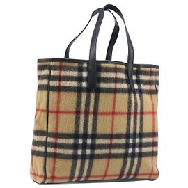 BURBERRY Nova Check Blue Label Tote Bag aus Wolle Beige Silber Auth 205370V Silber Beige