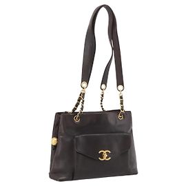 CHANEL Ketten-Tote-Bag Leder Schwarz Gold CC Auth BA16063 Schwarz Golden