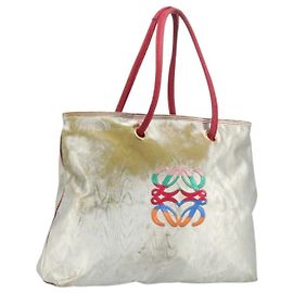LOEWE Tote Bag Nylon Silver Gold Auth 206014 Silvery Golden