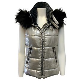 Philipp Plein Silver Puffer Vest with Black Fox Trimmed Removable Hood Silvery
