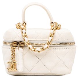 White Chanel Mini CC Quilted Caviar Chain Zip Around Vanity Case Satchel White