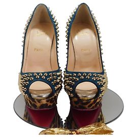 Christian Louboutin blue suede pumps with gold studs and leopard print Brown Blue Gold hardware