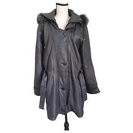 Autre Marque Grey Leather Hooded Coat with Fur Trim Grey