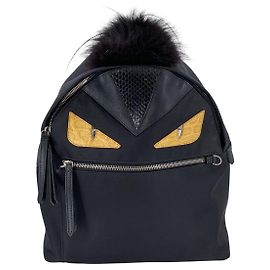 Fendi Black Nylon Monster Bugs Eyes Backpack Shoulder Bag Fur Trimmed Black