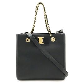 Salvatore Ferragamo Vara Leather 2way Shoulder Bag Black