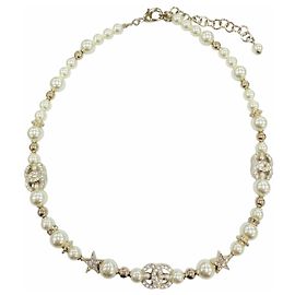 Collar CHANEL C23A Coco Mark Star Eco Pearl Rhinestone Blanco Dorado