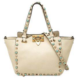 Bolso Satchel Rolling Trapeze Rockstud de piel de becerro granulada blanca Valentino Mini Blanco