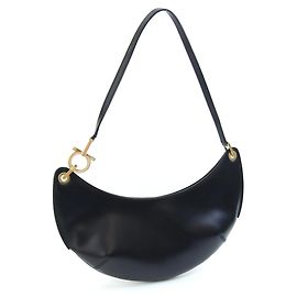 Salvatore Ferragamo Gancini Black Leather Half-Moon Handbag Black