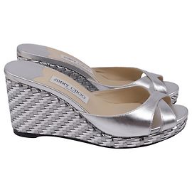 Jimmy Choo Almer 105 Wedge Sandals in Silver Leather Silvery Metallic