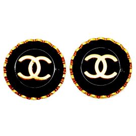 Chanel Coco Mark Circle Clip Earrings Black Golden