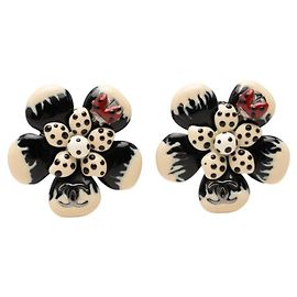 Chanel Coco Mark Camellia Earrings Black Silvery White