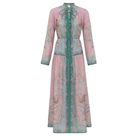 Zimmermann Vestido Maxi Indra de Seda Estampado Rosa Azul Dorado Verde