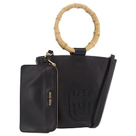 Bolsa de mão Miu Miu com alça de bambu em couro 2way Preta Dourada Auth 206928M Preto Dourado