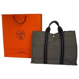 Vintage Hermès Fourre-Tout Canvas Tote Grau Schwarz Gestreift Grau