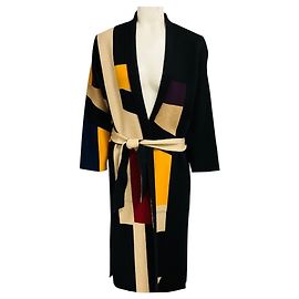 Akris Black / Beige Multi Reversible Shimmer Knit Cashmere Coat with Belt Multiple colors