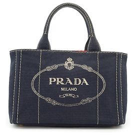 Prada Canapa Tote Baltico aus Baumwolle und Leder Navy Rot Marineblau