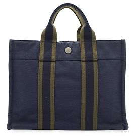 Hermès Fourre-Tout PM Blu Navy Verde Oliva Cotone Pelle Verde oliva Blu navy