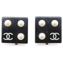 Chanel Coco Mark Pearl Square Clip Earrings Black White