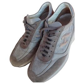 Hogan Interactive Grey Leather and Denim Sneakers Other Grey Light blue