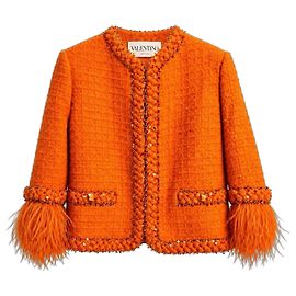 Valentino Tweed-Jacke Orange mit Pailletten und Straußenfedern Orange Metallisch