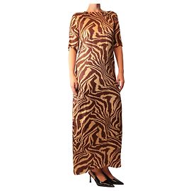 Ganni Vestido maxi em cetim castanho com estampado de zebra - size UK 10 Marrom