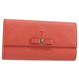Salvatore Ferragamo Vala Long Wallet Leather Orange Gold Otro