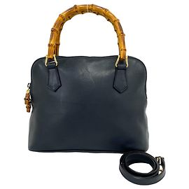 GUCCI Vintage Bamboo Leather Handbag / Shoulder Bag Navy blue