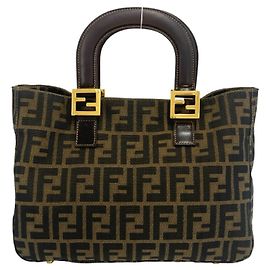 Bolsa Tote Fendi Zucca FF Logo Hardware Canvas Leather Marrom Preto