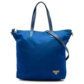 Borsa Tote Convertibile Prada in Tessuto Blu con Chiusura a Zip Blu