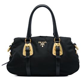 Prada Black Soft Calf Trimmed Tessuto Satchel Black