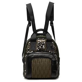 Miu Miu Brown Leather Trimmed Crystal Embellished Matelasse Nylon Backpack Brown Khaki