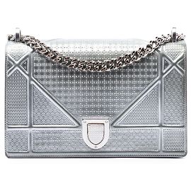 Dior Silver Medium Metallic Patent Microcannage Diorama Flap Silvery