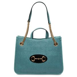 Borsa Tote Gucci Horsebit 1955 in rafia blu Medium con catena Blu Blu chiaro