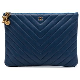 Chanel Blue Medium Chevron Caviar Ancient Greek Charms O Case Clutch Bleu Bleu Marine