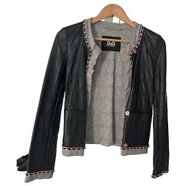 Dolce & Gabbana D&G Lederjacke Schwarz gesteppt mit Ketten-Details Schwarz Grau