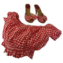 D&G Dolce & Gabbana Red and White Gingham Top and Mules Set White Red