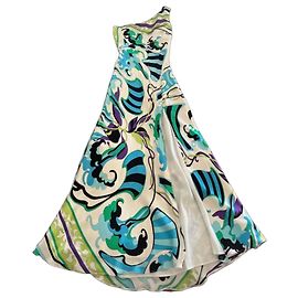 Autre Marque Vestido de seda asimétrico estampado Mary.L Couture Negro Blanco Azul Verde Púrpura
