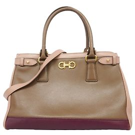 Bolsa de couro Gancini Salvatore Ferragamo Marrom Bege