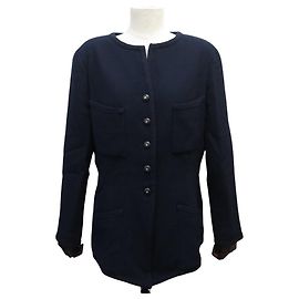 VINTAGE CHANEL JACKET CC LOGO BUTTONHOLE 40 M WOOL NAVY BLUE COAT Navy blue