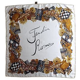 Fendi Roma Silk Scarf Brown Black White Golden