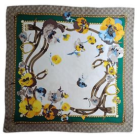 Gucci Lenço de seda Flora Horsebit Marrom Branco Azul Bege Dourado Verde Amarelo