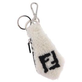 FENDI Key Ring Fur White Black 7AR765 Auth BA16138V Black White