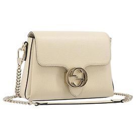 Bolsa de Ombro GUCCI Interlocking G Chain em Couro Branco Dourado 607720 Auth 207449V Branco Dourado