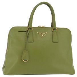 Bolsa de mão PRADA couro Saffiano Green Gold Auth 207400V Dourado Verde