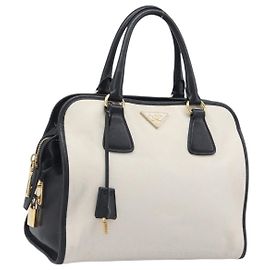 PRADA Hand Bag Safiano Leather White Gold Auth bs37455A White Golden