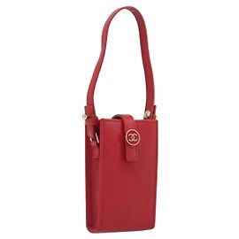CHANEL Pouch aus Leder Rot Goldfarben CC Auth 207567A Rot Andere