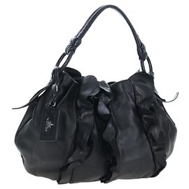 Borsa a tracolla con volant PRADA in pelle nera argento Auth am12754V Nero Argento