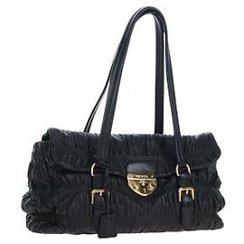 PRADA Gathered Tote Bag aus Leder Schwarz Gold Auth BA16064SAV Schwarz Golden